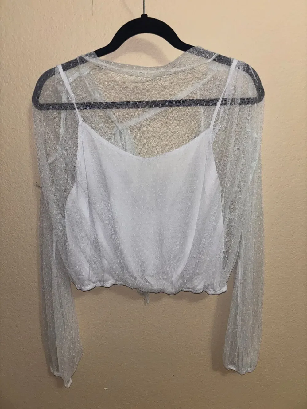 Free People White Swiss Dot Mesh Layered Crop Top Sheer Long Sleeve